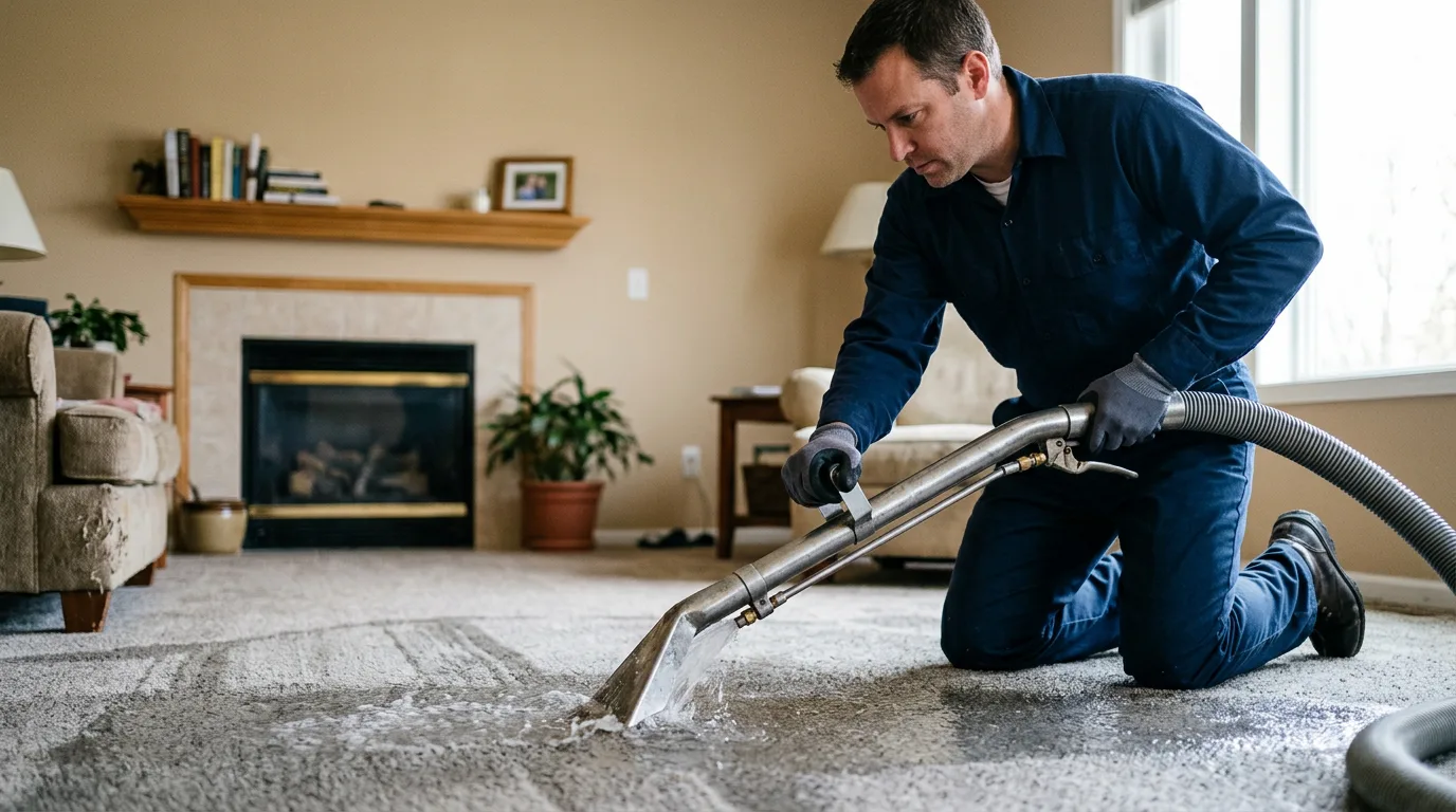 Water damage restoration technician working near Evansville, WI